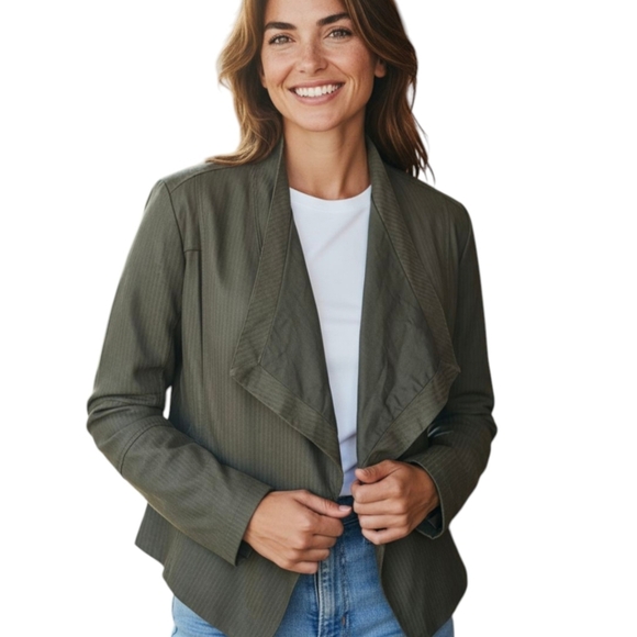 Leather Suede Open Front Waterfall Textured Olive Green Jacket Sz 14 - Picture 1 of 11